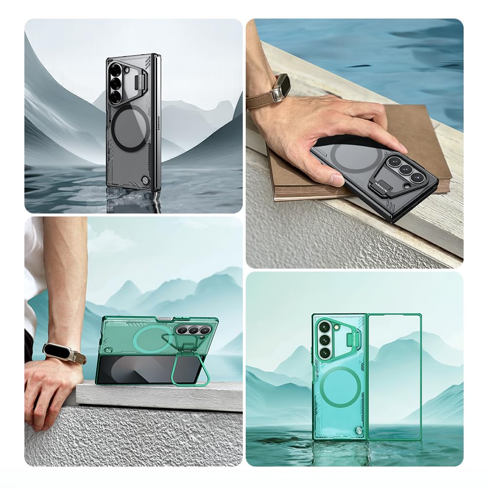 Nillkin Case for Samsung Galaxy Z Fold 6 (7.6″ Inch) Iceblade Fold Case with Mag Safe Magnetic Features Corner Air Bags + Aluminium Camera Protect Stand Scratch & dust Proof Black