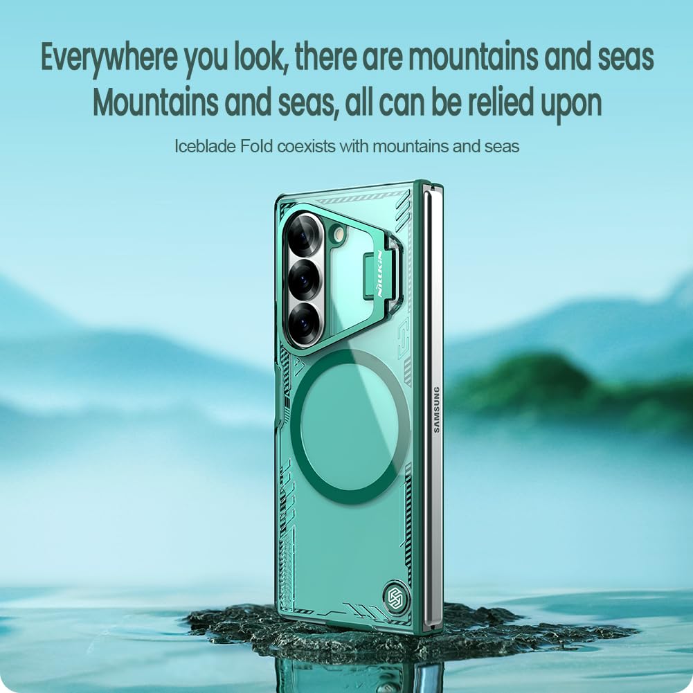 Nillkin Case for Samsung Galaxy Z Fold 6 (7.6″ Inch) Iceblade Fold Case with Mag Safe Magnetic Features Corner Air Bags + Aluminium Camera Protect Stand Scratch & dust Proof Black