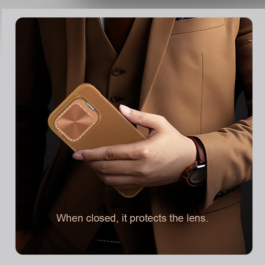 Nillkin Case for Apple iPhone 16 Pro (6.3″ Inch) Qin Prop Leather Lens Protect + Stand Flip Folio + Card Slot 360 Protect Black Color