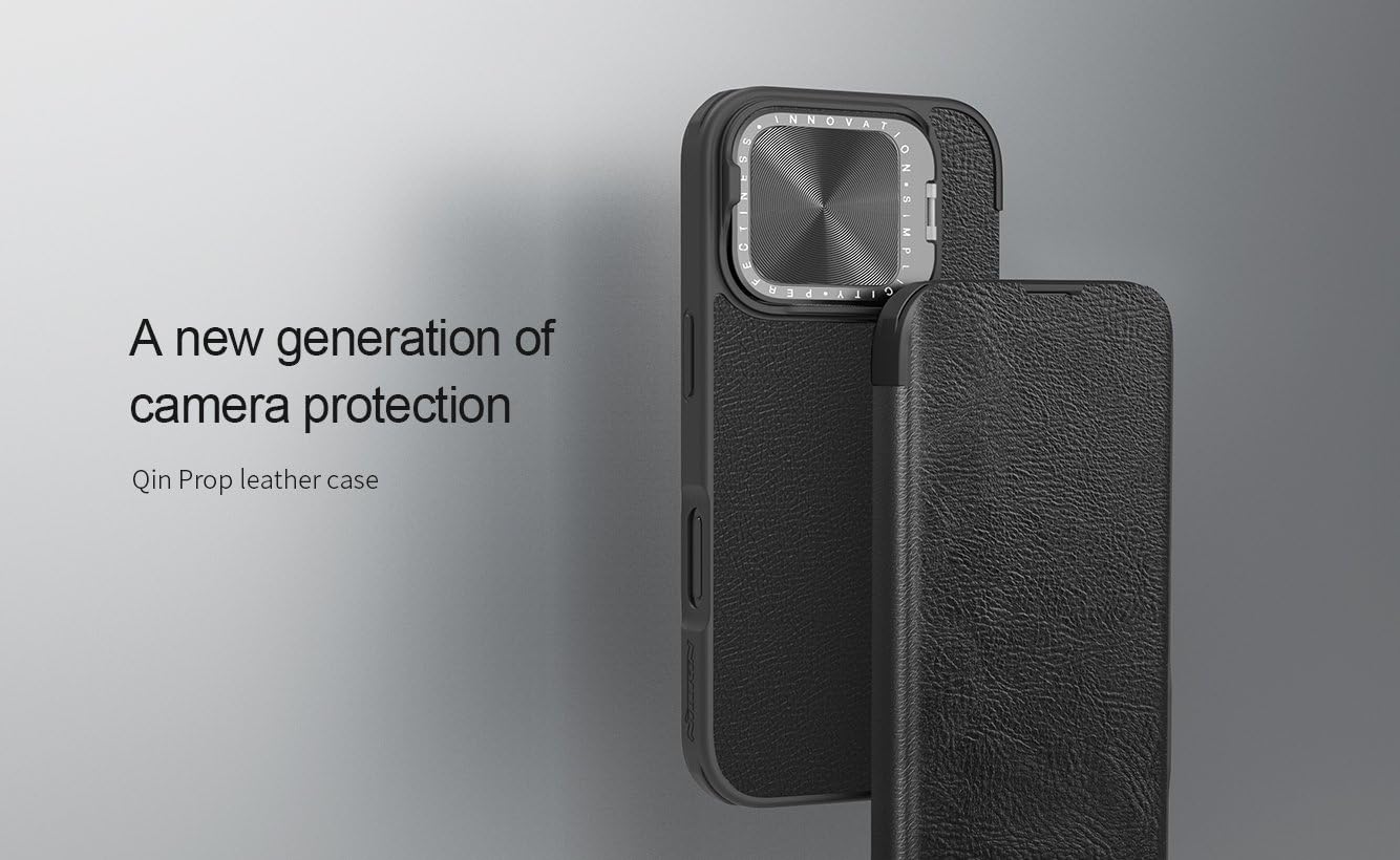 Nillkin Case for Apple iPhone 16 Pro (6.3″ Inch) Qin Prop Leather Lens Protect + Stand Flip Folio + Card Slot 360 Protect Black Color