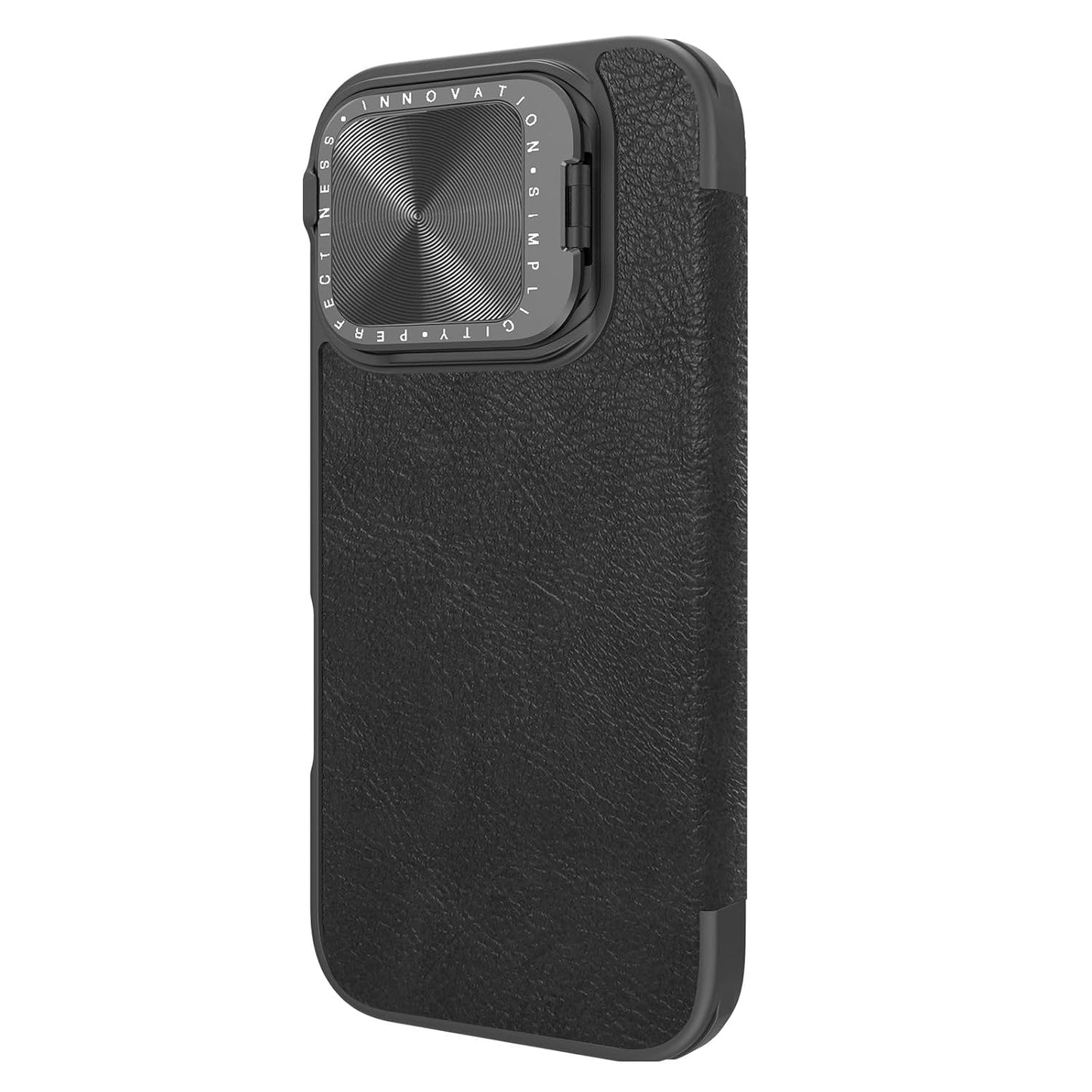 Nillkin Case for Apple iPhone 16 Pro (6.3″ Inch) Qin Prop Leather Lens Protect + Stand Flip Folio + Card Slot 360 Protect Black Color
