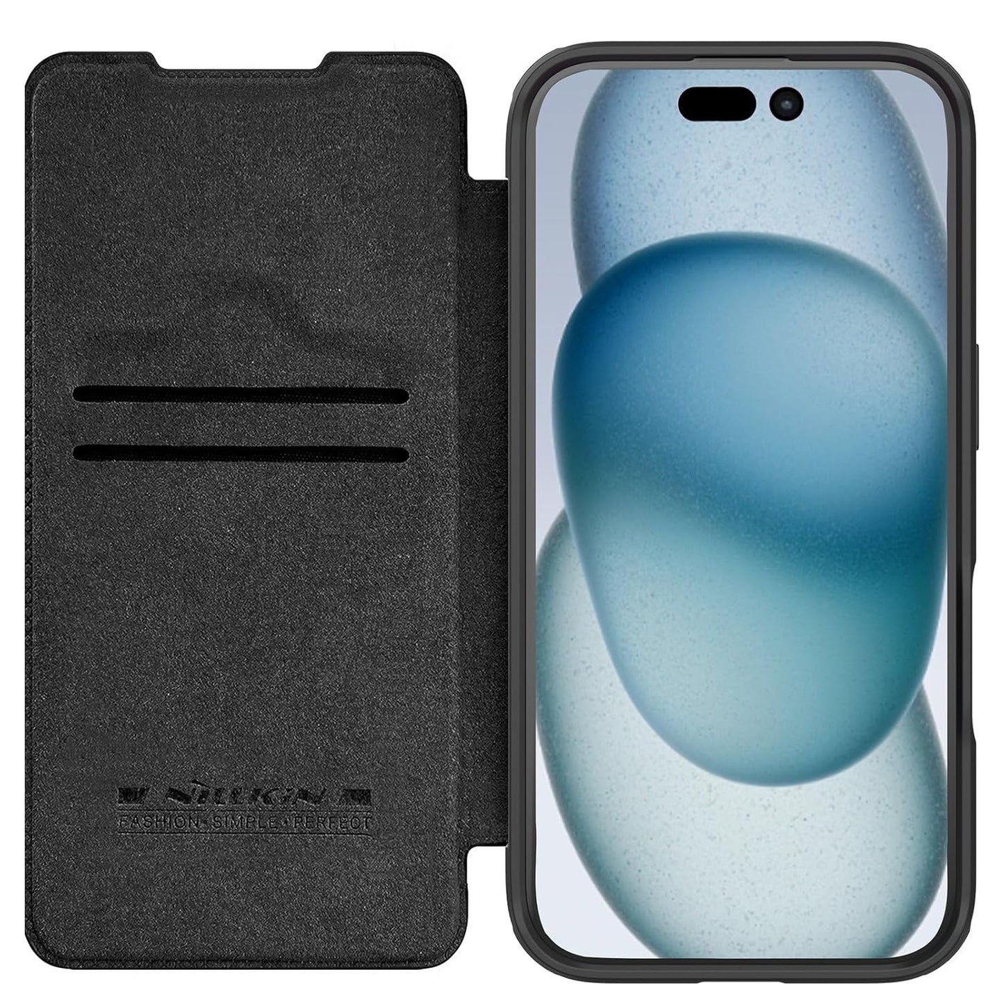 Nillkin Case for Apple iPhone 16 Pro (6.3″ Inch) Qin Prop Leather Lens Protect + Stand Flip Folio + Card Slot 360 Protect Black Color
