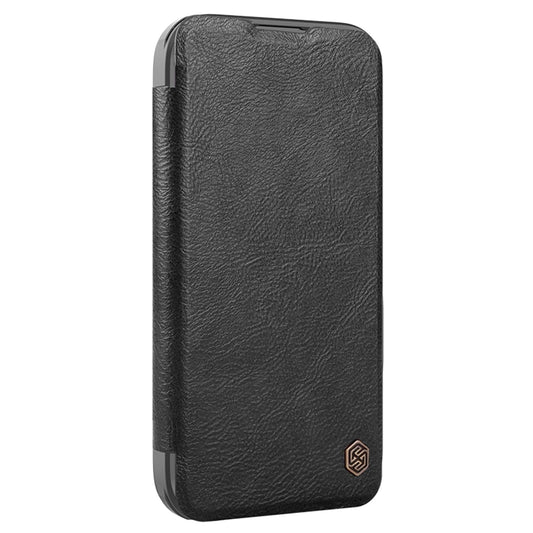 Nillkin Case for Apple iPhone 16 Pro (6.3″ Inch) Qin Prop Leather Lens Protect + Stand Flip Folio + Card Slot 360 Protect Black Color
