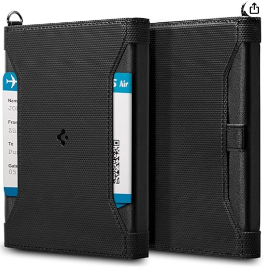 Spigen Leather Passport Card Holder Passport Wallet Travel Documents Organizer Protector Passport Holder Travel Accessories with RFID Blocking Technology SIM Card Pin Included - Black