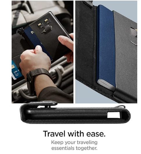 Spigen Leather Passport Card Holder Passport Wallet Travel Documents Organizer Protector Passport Holder Travel Accessories with RFID Blocking Technology SIM Card Pin Included - Black