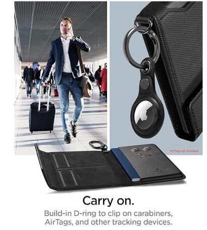 Spigen Leather Passport Card Holder Passport Wallet Travel Documents Organizer Protector Passport Holder Travel Accessories with RFID Blocking Technology SIM Card Pin Included - Black